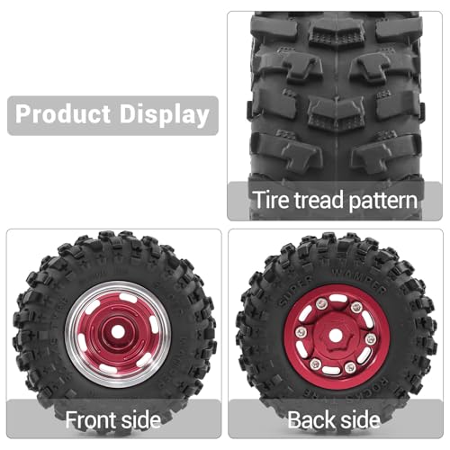 1.0" Beadlock Aluminum Wheels and 51mm Soft Rubber Tires | for SCX24, TRX4M, Ascent 18, FCX24, 1/18 1/24 RC Crawler, 7mm Hex, 0mm Offset, with Foam Inserts, (Red 105) - color: Red 105