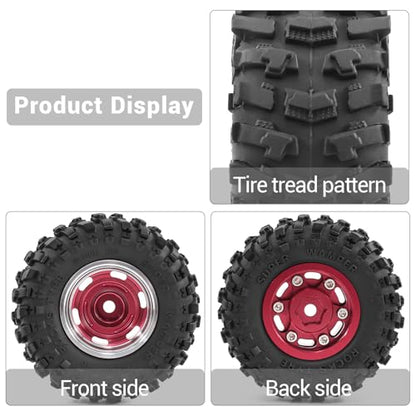 1.0" Beadlock Aluminum Wheels and 51mm Soft Rubber Tires | for SCX24, TRX4M, Ascent 18, FCX24, 1/18 1/24 RC Crawler, 7mm Hex, 0mm Offset, with Foam Inserts, (Red 105) - color: Red 105