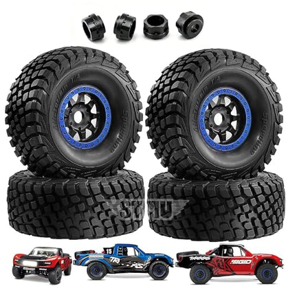 4PCS 1/8 1/7 RC Short Course Truck Tires and Wheels 17mm Hex All Terrain Off Road Tyres OD 5.31'' for 1:7 1:8 RC Buggy Truck Car HSP TRAXXAS UDR FS FSR Atom ARRMA Mojave EXB YK4072 DF7 (Blue) - color: Blue