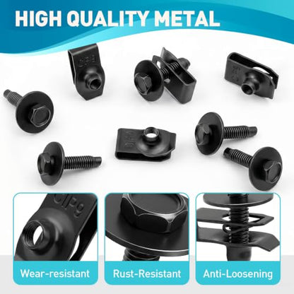50Pcs M6-1.0 Automotive Body Bolts & U-Nut Clips Kit | Universal Carbon Steel Nuts with 10mm Hex Head Screws, Fender Liner Screw for Engine Splash Shield Underbody Cover - color: Black-M6