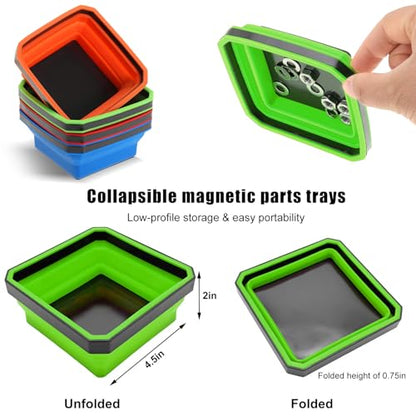 Yourkar Collapsible Magnetic Parts Tray, 4.5 Inch Foldable Magnetic Square Silicone Tray, Tool Tray Set with Double-Sided Magnetic Base for Screw Bolts Nuts Pins, Car Accessories (Green) - color: Green, 1 PCS