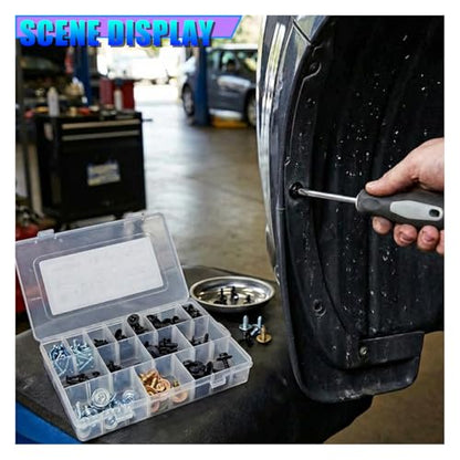 160PCS 14 Sizes Metal Car Screws, Automotive Phillips Round Head Self-Tapping Bumper Hood Retainer Clip Assortment, Universal Vehicle Body Fastener Kit for Liner Splash Shield (Black)