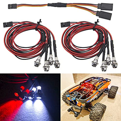 2Pack HIRCQOO 4LED RC Car LED Light Headlights Taillight Lighting with JR Y Cable Compatible with Traxxas HSP Tamiya Redcat RC4WD Axial HPI Kyosho Arrma 1/8 1/10 1/12 RC Car,2Red & 2White (3mm LEDs) - size: 3mm LEDs