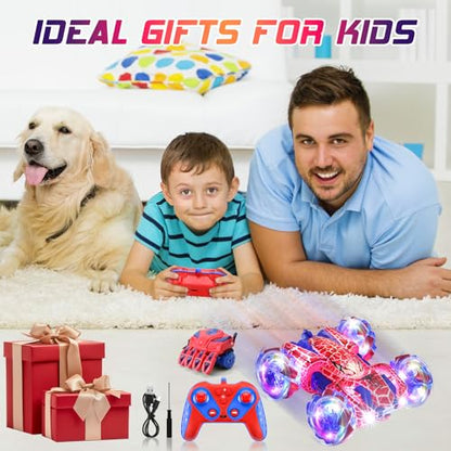 Gesture Sensing RC Stunt Car 2.4GHz Wholebody Light Double Sided RC Cars | Rechargeable Remote Control Car with Headlight Indoor Outdoor Spider Toy Birthday Gift Kids Boys Ages 4 to 13 - color: Dual Control Red