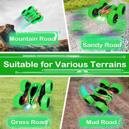 FREE TO FLY Remote Control Car for Boys 8-12: 2.4Ghz Electric Rechargeable Race Stunt Cars Double Sided 360 Rolling Rotating Rotation with Led Headlights - color: Green