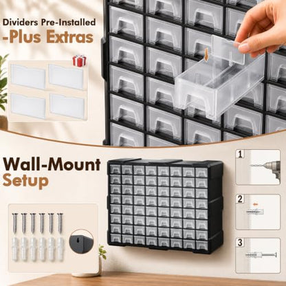 64-Drawer Organizer for Garage Building Bricks Storage,𝐓𝐡𝐢𝐜𝐤𝐞𝐫 Drawer Storage Cabinet with Dividers and Labels for Hardware,Screws,Nuts Bolts, Garage Tools,Charms,Beads,Craft,Scrapbook - size: 64 Drawer