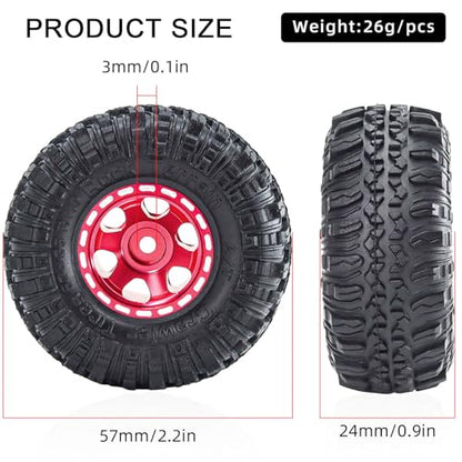 1.0 Beadlock Wheels and Tires Set 57 x 24 mm 1.0 inch Rubber Rock Crawler Tires & Alloy Blade Wheels for 1/18 1/24 Axial SCX24 TRX4M Gladiator Bronco C10 JLU Deadbolt RC Crawler Upgrade (Red) - color: Red