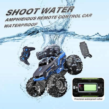 Amphibious Remote Control Car Boat Water Squirt RC Tank 2.4GHz Gesture Sensor 4WD Monster Truck Waterproof RC Car for 6 7 8 9-12 Kids Girls Boys Gift Beach Pool Water Toy With 2 Replaceable Batteries - color: Bule