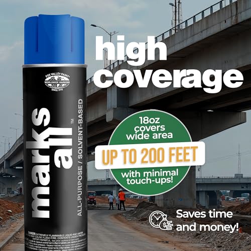 Fox Valley 18oz Marks All Solvent-Based Marking Paint Spray, 12-Pack Blue APWA – Long-Lasting, Weather-Resistant Spray Paint for Wet or Dry Surfaces Like Metal, Grass, Concrete, Wood, & More - color: Blue APWA
