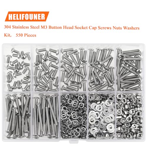HELIFOUNER 550 Pieces M3 x 6mm /8mm /10mm /12mm /16mm /20mm /25mm, Button Head Socket Cap Screws Bolts Washers Nuts Kit, 304 Stainless Steel - size: 550 Pieces M3 Screw Kit