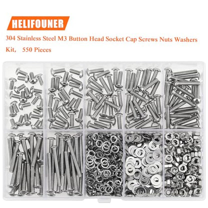 HELIFOUNER 550 Pieces M3 x 6mm /8mm /10mm /12mm /16mm /20mm /25mm, Button Head Socket Cap Screws Bolts Washers Nuts Kit, 304 Stainless Steel - size: 550 Pieces M3 Screw Kit
