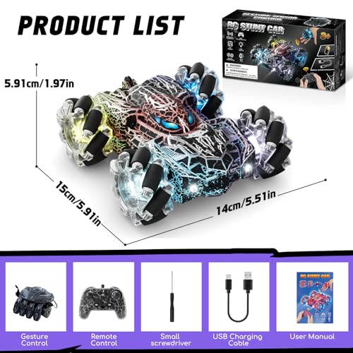 Spider Black Gesture Sensing Remote Control Car for Boy 3-12 | Double Sided RC Cars, Full-Body Light, 2.4GHz Hand Controlled, Rechargeable RC Stunt Car - color: Black