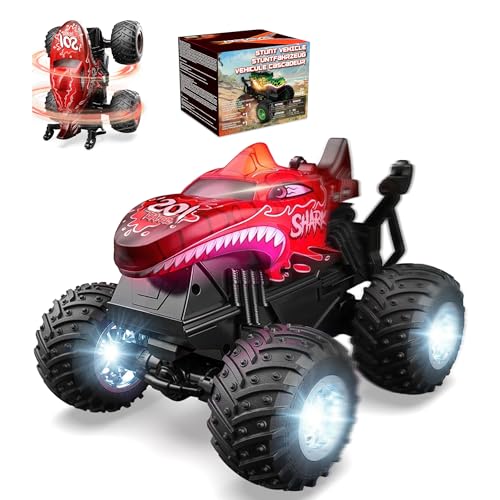 BEZGAR 1:20 Shark Monster Truck Toys, 360°Stunt RC Cars Rotation Monster Trucks with Music, 2 Batteries and Wireless LED Strobe Lights, Remote Control Car for Boys 4 5 6 7 8 9 Years Old(Red) - color: Red