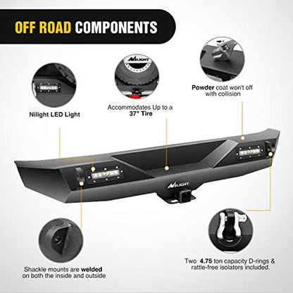 Nilight Front + Rear Combo Compatible for 2007-2018 Jeep Wrangler JK,Rock Crawler Bumper with Hitch Receiver & Nilight Upgraded LED Lights Off Road Textured Black - color: Front Bumper + Rear Bumper