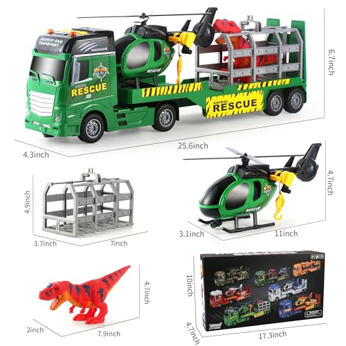 Dwi Dowellin Carrier Truck Kids Toys,25.6" Semi Truck Toy with Helicopter and Dinosaurs,Gifts for Age 3 4 5 6+ Years Old Boys Girls - style: Dinosaurs Truck