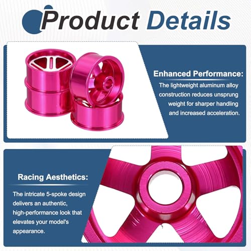MECCANIXITY 4Pcs RC Car Wheel Rims, 20.5mm Dia 5-Spoke Pink Aluminum Alloy Wheel Rims Hex Hub for HSP RC Drift Racing Touring Car - color: Pink, size: 20.5mm Dia