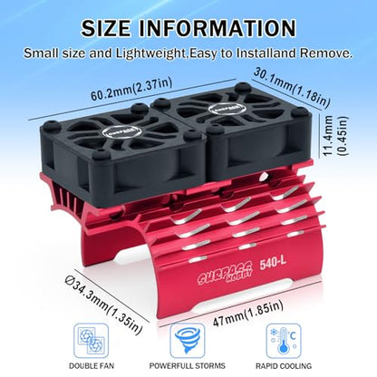 Surpass Hobby RC Motor Cooling Fan and 30mm Dual Fan with Heatsink Compatible with RC Car 1/8 1/10 Scale 540 550 3650 3660 3670 Motor (Red) - style: Red-Dual Fan for 36mm motor