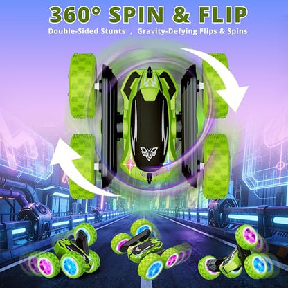 KKONES Remote Control Car, 2.4GHz Electric Race 4WD Flips Stunt Car, Green | Double Sided 360° Rolling Rotation, LED Headlights, High Speed Off Road Gift for 3 4 5 6 7 8-12 Year Old Boy Toys - color: Green
