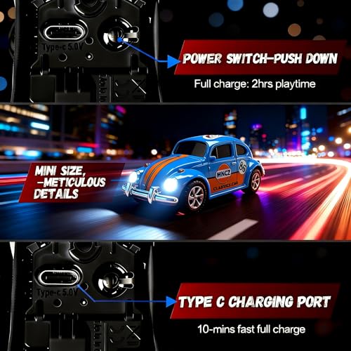 Mini Retro RC Car, 1/64 Scale Mini Beetle, 2.4Ghz & APP Remote Control (Blue) - color: Blue