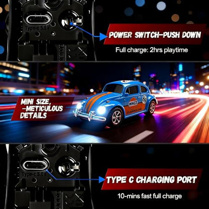 Mini Retro RC Car, 1/64 Scale Mini Beetle, 2.4Ghz & APP Remote Control (Blue) - color: Blue