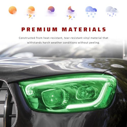 Car Light Tint Film, 12" × 48" Waterproof Headlight Vinyl Wrap Film Includes Squeegee & Cutter, Self-Adhesive Air-Release Wrap for Fog Lights, Taillights, and Headlights (Green) - color: Green