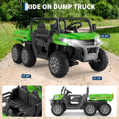 Hetoy 24V 2-Seater Ride On Dump Truck with Parent Remote Control, 4WD 6-Wheel Electric Car for Big Kids, UTV Style Dump Bed & Music Horn, ASTM/CPSIA Certified (Ages 3+) (Green) - color: Green