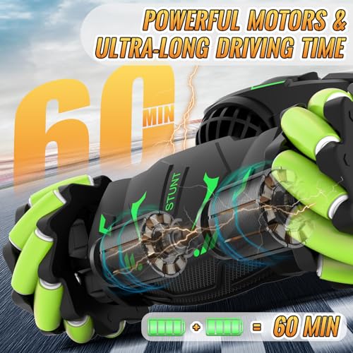 Pristar Gesture RC Car Toys for Boys 6-12, Gifts for Kids Aged 6-12 | RC Sensing Stunt Car with Cool Spray Lights Music, 2.4Ghz Remote Control Car Double Sided Flip 360° Rotate 4WD Off-Road - color: Green-black