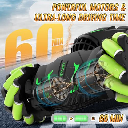 Pristar Gesture RC Car Toys for Boys 6-12, Gifts for Kids Aged 6-12 | RC Sensing Stunt Car with Cool Spray Lights Music, 2.4Ghz Remote Control Car Double Sided Flip 360° Rotate 4WD Off-Road - color: Green-black