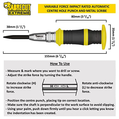 SabreCut 1pc AHPSC01 Automatic Variable Force Centre Punch & Scribe | Adjustable 60-140N spring force and hardened S2 tip mark metal, wood and plastic with heavy duty accuracy