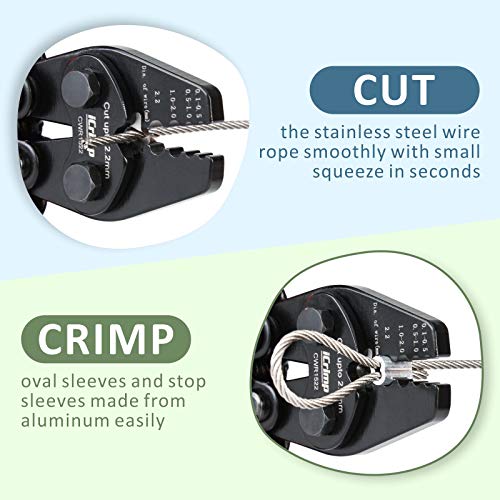 iCrimp Wire Rope Crimper Cutter Set with 150pcs Ferrules | Fits 0.1–2.2mm oval & double sleeves for cable railing DIY, compact ratchet swaging pliers