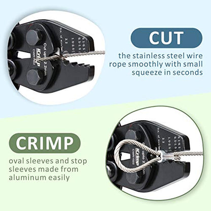 iCrimp Wire Rope Crimper Cutter Set with 150pcs Ferrules | Fits 0.1–2.2mm oval & double sleeves for cable railing DIY, compact ratchet swaging pliers