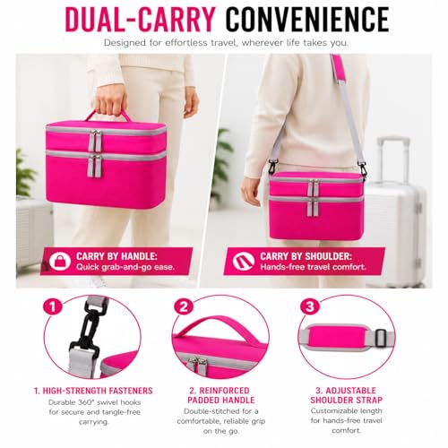Carrying Case for Toniebox Gen 1 & 2, Holds 25+ Figures & Accessories | 2-layer top tray+deep bottom fit audio box, charging station & headphones; water-resistant with shock-absorbing EPE foam - color: Rosy Pink