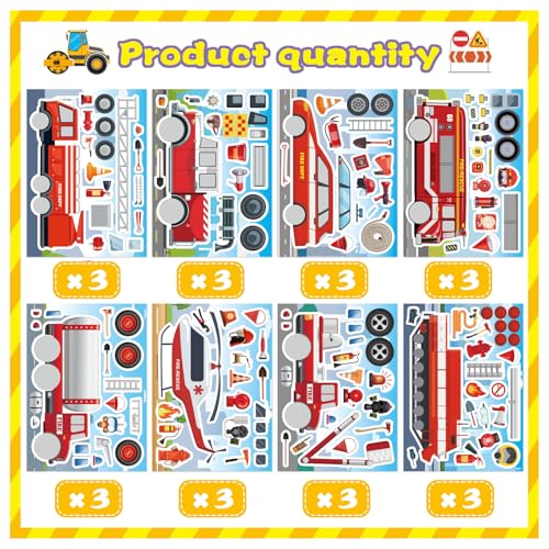 Truck Stickers, Make a face Sticker, Make Your Own Fire Truck Stickers | 24 Sheets, with 8 Designs Fire Themed Truck for Kindergarten Birthday Gift Classroom Fire Party Favors - style: Fire Truck