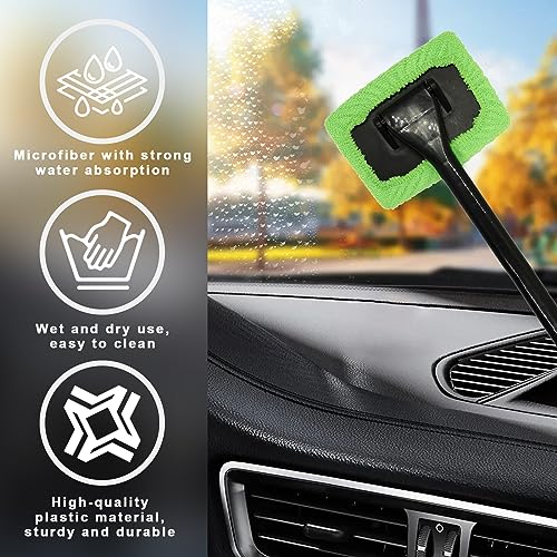 Augeny Car Windshield Cleaning Tool, Microfiber Window Cleaner Set with 4 Washable and Reusable Cloth Pad Head, Detachable & Unbreakable Handle and Spray Bottle, Universal Car Glass Cleaner Kit
