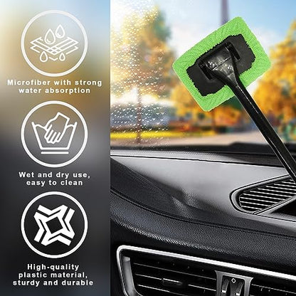 Augeny Car Windshield Cleaning Tool, Microfiber Window Cleaner Set with 4 Washable and Reusable Cloth Pad Head, Detachable & Unbreakable Handle and Spray Bottle, Universal Car Glass Cleaner Kit