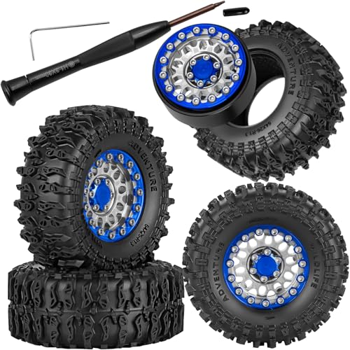 1.3" Beadlock Wheels Tires Set Aluminum Alloy w/Metal Steel Ring for TRX4M SCX24 FCX24 Ascent-18 1/18 1/24 RC Crawler Upgrade Parts,RCarmubWow 1.3 Beadlock Wheels and Tires,4pcs,Navy Blue - color: Navy Blue(4pcs)
