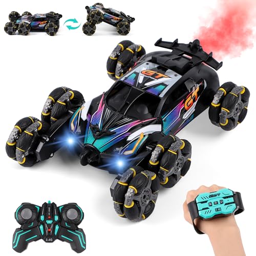Cool 6-Wheel Gesture RC Stunt Car for Kids Ages 6-12 | Gesture & Remote Dual Control RC Car for Boys Girls, Double-Sided Stunt Vehicle with Lights, Music & Spray Function - color: Black