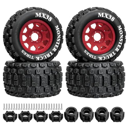 LRFHL MX38 F/R 3.8" RC Tires and Wheels with 17mm Hex Adapter, 4PCS, Red | 1/7 1/8 RC Monster Truck Tires, for Arrma Notorious Outcast Kraton 6S Traxxas E-Revo RC Car Upgrade - color: Black Tires+ Red Wheels