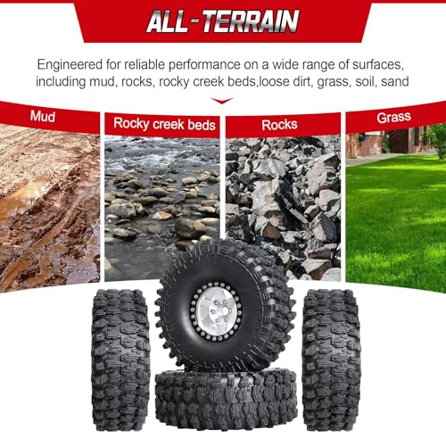 Hobbypark 1.9 Beadlock Wheels and Tires 120mm / 4.72inch Height and Mounting Install Tool for 1/10 RC Crawler with Foam Inserts,Set of 4 (Silver&Black) - color: Silver&black