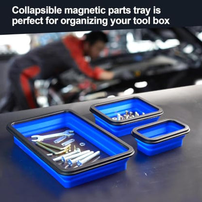 Collapsible Magnetic Parts Tray Set Foldable Magnetic Tray 3 Different Size Silicone Tool Trays for Screw, Bolts,Nuts,with Magnetic Base Stores and Organizes Small Parts and Tools | Magnetic Tray with Magnetic Base 3 Different Size Silicone Tool Trays for