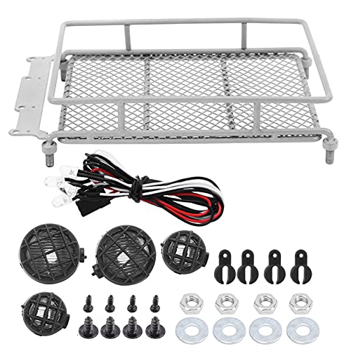 RC Crawler Roof Rack, Metal Luggage Carrier with LED Light, Simulation Accessories, Silver for Off-Road RC Cars and Trail Exploration Enthusiasts - color: Silver