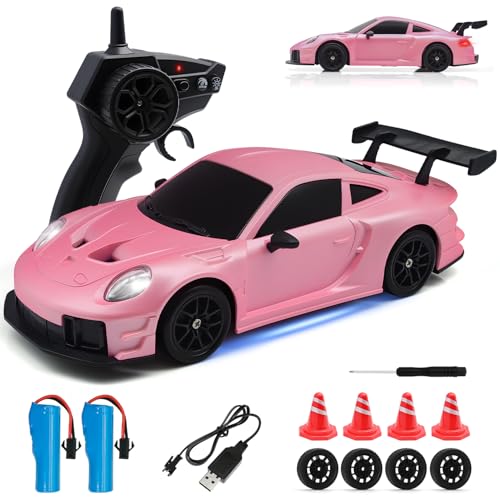 RC Drift Car, 1:24 4WD Remote Control Cars Vehicle with LED Light,2.4GHz 20KM/H High Speed RC Cars with Two Batteries & Drifting Tires Racing Sport Toy for Adults Boys Girls Kids Pink - color: Pink