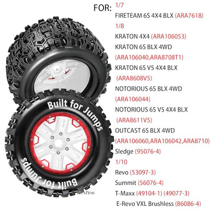 RC Wheels and Tires Set(4PCS) for 1/8 1/10 Monster Truck Tires,Traxx as/Arrm a 6S/Summi t/E Rveo/T-Maxx RC Off-Road etc,17mm Hex Tire and Wheels/Plastic Rims,Red and White - color: Red and White-(wheels Tires)
