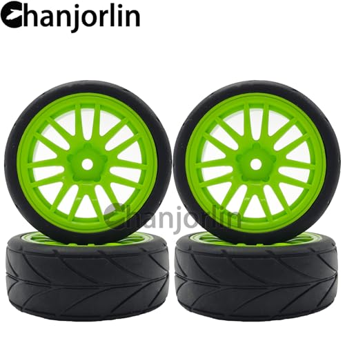 RC 1/10 On Road Touring Tires & Wheels 12mm Hex Hard Plastic Rims OD 65mm Street Racing Tyre for 1:10 1/12 Rally Drift Car Tamiya TT01 TT02 Traxxas XV02 XV01 HPI KYOSHO PTG2 4PCS (Green) - color: Green
