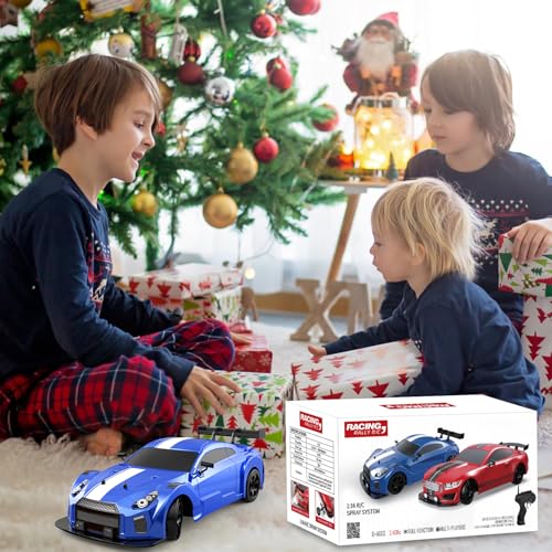 Dollox RC Drift Car 1/16 Scale Remote Control Car 2.4GHz 4WD High Speed 18+KM/H Race Car with LED Light and Spray, Extra Drifting Tires Racing Vehicle Toy Birthday Gifts for Adults Boys, 2 Batteries - color: Blue