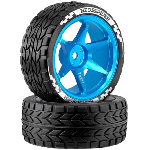 1/10 RC On Road Tires OD 2.55'' and Aluminium Street Wheels 4PCS 12mm Hex Touring Tyres for 1:10 Rally Racing Drift Car Tamiya TT01 TT02 XV01 HPI KYOSHO HSP PTG2 Traxxas TA06 A959 (Blue) - color: Blue
