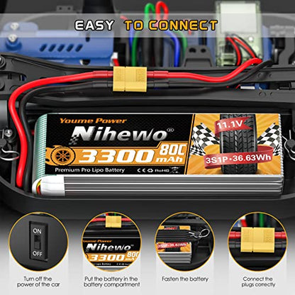 3S Lipo Battery XT60 11.1V 3300mAh 80C 2pcs for RC Truck Drone Boat | 3S Battery 11.1V 3300mAh 80C XT60 Connector Compatible with Axial E-flite RC Plane Helicopter Quadcopter Car Vehicle Models