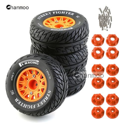 1/10 RC Short Course Truck Tires And Wheels With 12mm 14mm 17mm Hex 113mm 1/8 Rubber Tyres For 1/8 or 1/10 Scale On Road Car HSP Sonic 94102 GT PTG-2 Tamiya TT02 RC Racing Car 4PCS (Black B) - color: Black B