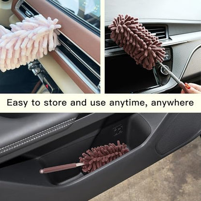 2PCS Car Interior Duster with Extension Pole, Microfiber Retractable Dusters Auto Dash Cleaning Tool, Soft Chenille Hand Washable Dusters for Vehicle Window Office Furniture (Brown) - color: Brown