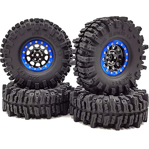 120mm Tall 1.9 Mud Slingers Tires T8 Soft Sticky Tyres & 1.9 Beadlock Wheels Rims Black Blue For RC 1/10 Rock Crawler SCX10 TRX4 Gen8, (4-Pack, HS700601) - color: Black & Blue